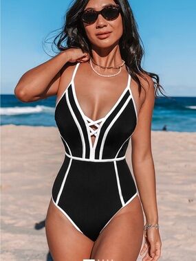 Cupshe Black One-Piece Swimsuit with White Trim